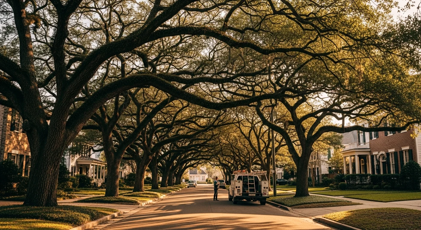 Metairie residential street with mature oak trees and well-maintained single-family homes in afternoon light.
