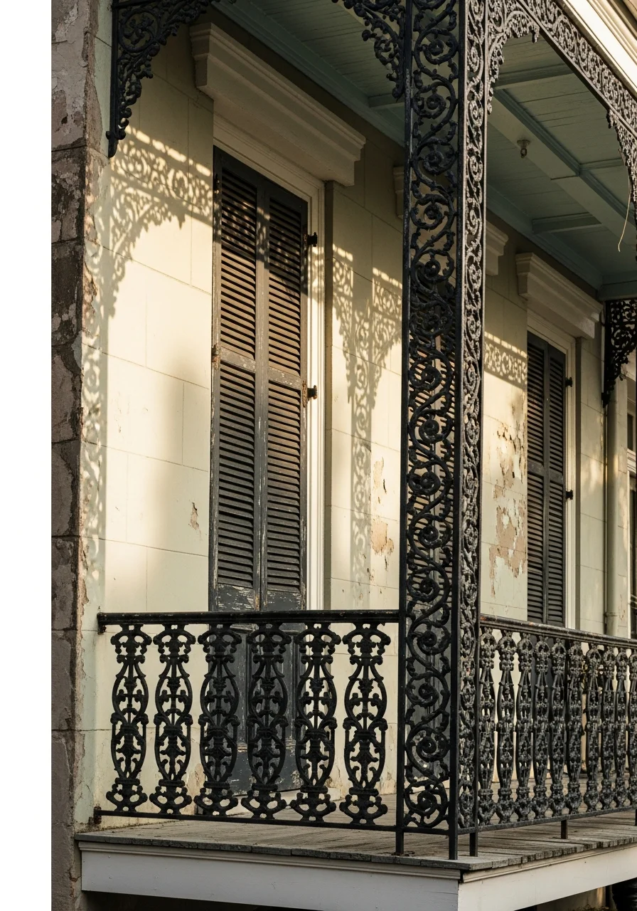 Detailed view of a New Orleans home's ornate front porch and period architectural details.