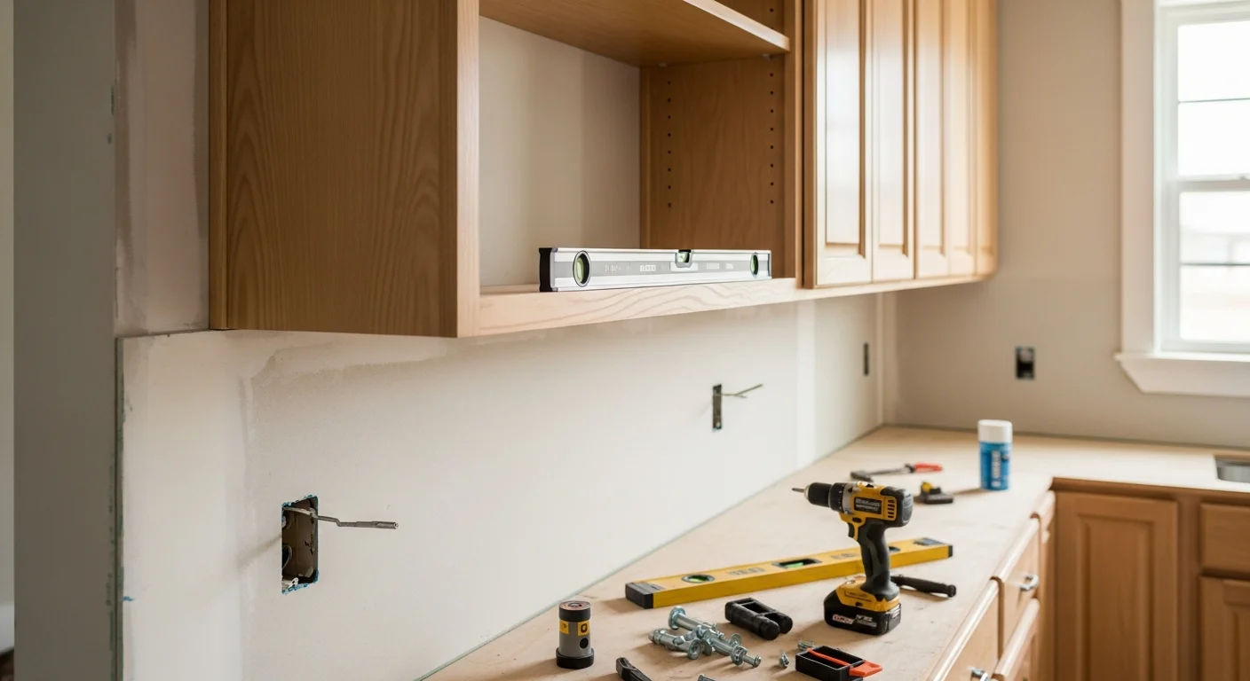 A Metairie kitchen showing freshly installed upper and lower cabinets with aligned doors and hardware, mounted flush against painted drywall. A handyman from Rescue Handyman Service LLC adjusts a cabinet hinge during a repair visit in a mid-century ranch-style home.