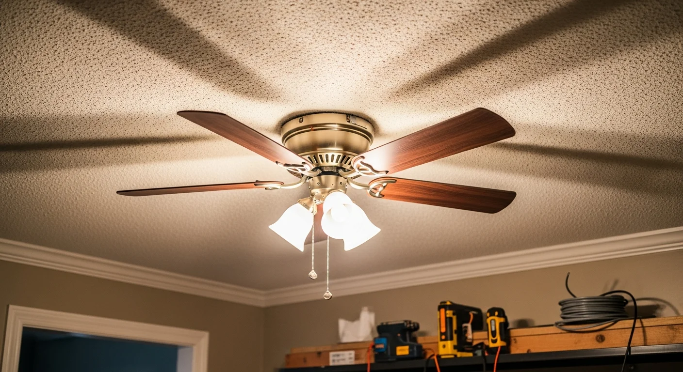 A newly installed ceiling fan mounted flush on a residential ceiling in a Metairie, Louisiana home. The fan blades are level and the wiring is cleanly concealed at the ceiling box.