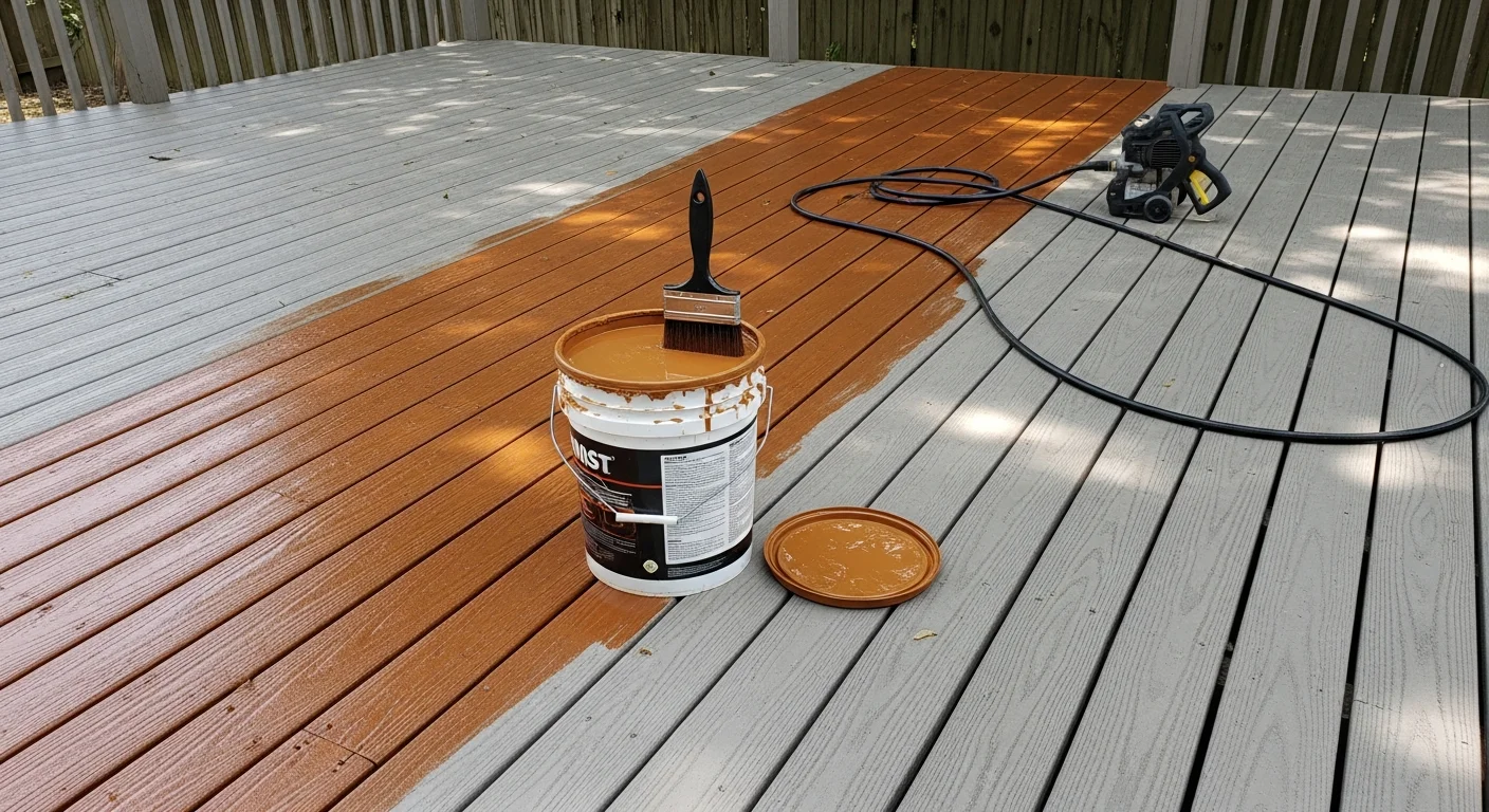 A freshly stained wood privacy fence and backyard deck at a Metairie, Louisiana home, showing even, deep-toned stain coverage on clean wood surfaces. The deck boards and fence panels show no peeling or gray weathering after professional staining service.