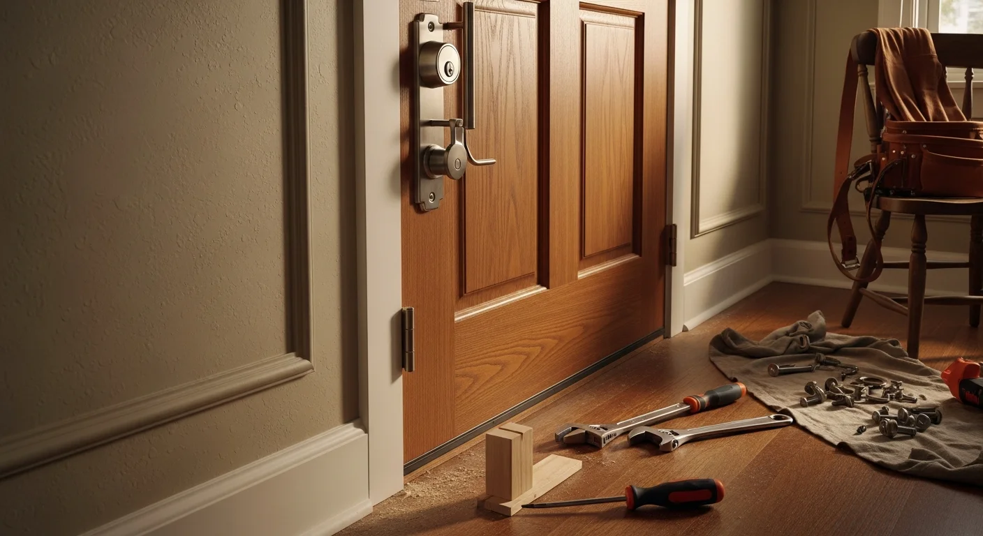 A newly installed exterior door with a deadbolt and handle set on a single-family home in Metairie, Louisiana. The door frame is flush and the lock hardware is aligned and secured.