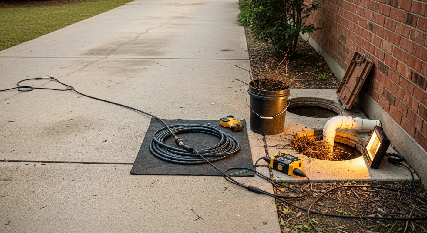 A plumber clearing a blocked main drain line inside a Metairie home, with a drain snake extended into a floor-level cleanout access point. The surrounding pipe shows visible buildup consistent with aging cast iron construction common in the area.