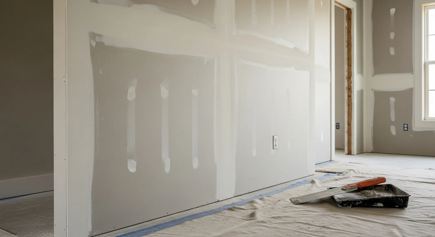 A freshly finished and textured drywall wall inside a Metairie home, showing a smooth, uniform surface ready for paint. The repaired section blends evenly with the surrounding wall texture in a single-family residential interior.