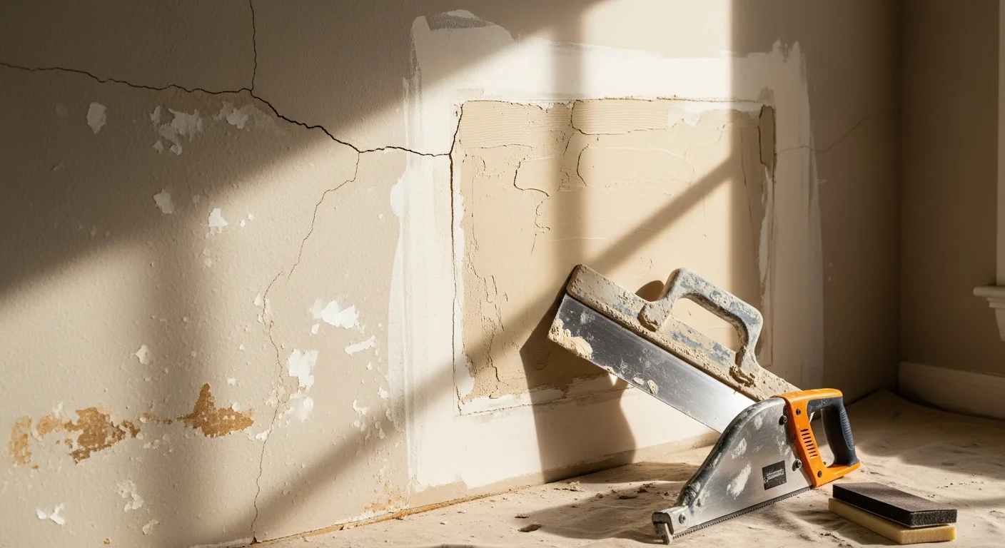 A smooth, freshly finished drywall patch on an interior wall of a Metairie single-family home, blended evenly with the surrounding surface and ready for paint. The repair covers a section previously damaged by a plumbing leak near the ceiling line.