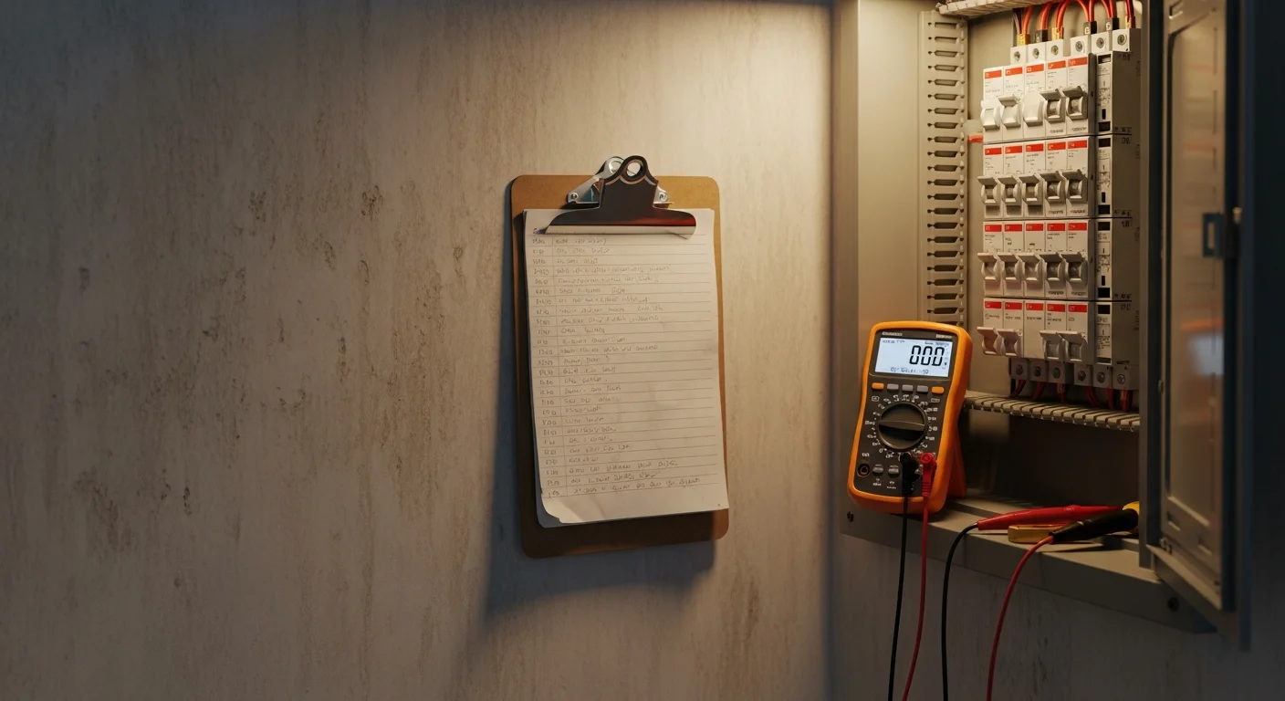 A licensed electrician inspecting a residential breaker panel inside a Metairie, Louisiana home. The panel cover is open and the technician is checking circuit connections with a handheld tester.
