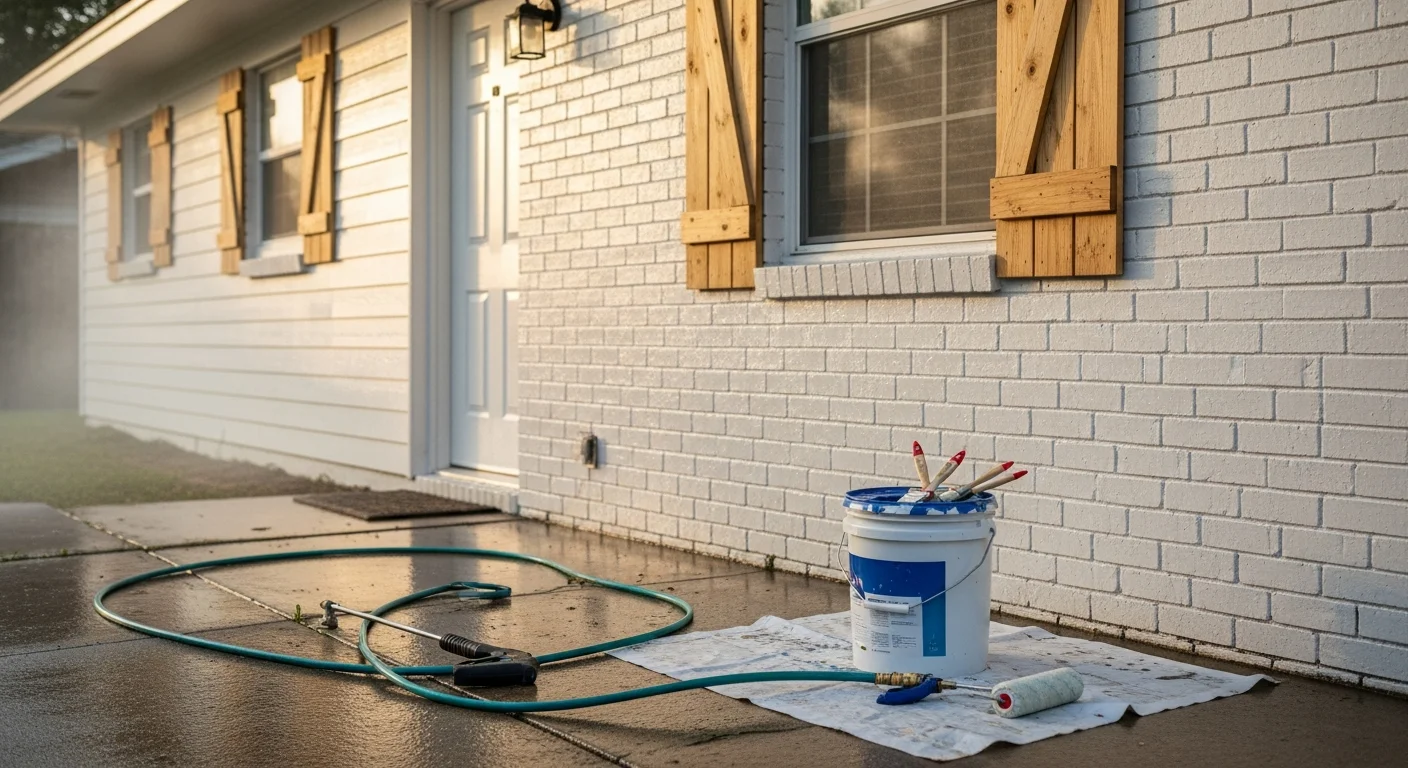 A freshly painted single-family home exterior in Metairie, Louisiana, showing clean siding, painted trim, and no visible mildew or peeling. A painter from Rescue Handyman Service LLC applies a final coat to the wood fascia on a clear day.
