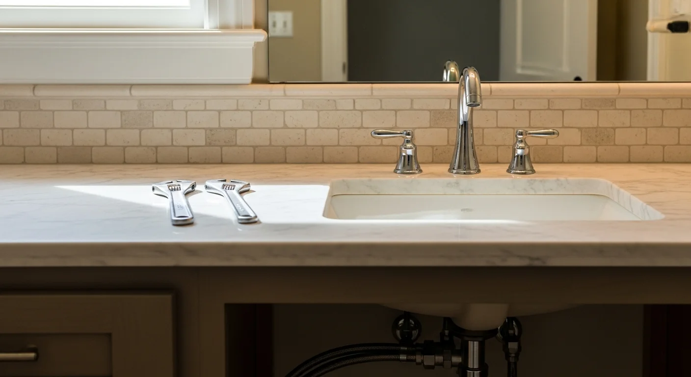 A newly installed chrome bathroom faucet on a white sink in a Metairie home, with clean supply line connections visible beneath the basin. A plumber's tools rest on a nearby towel after completing the fixture replacement.