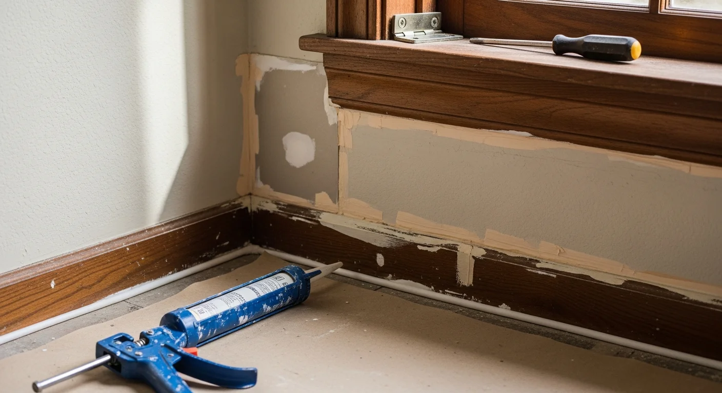 A handyman repairing wood trim and patching drywall inside a mid-century single-family home in Metairie, Louisiana. The work area shows clean, precise repairs typical of general home maintenance service in Jefferson Parish.