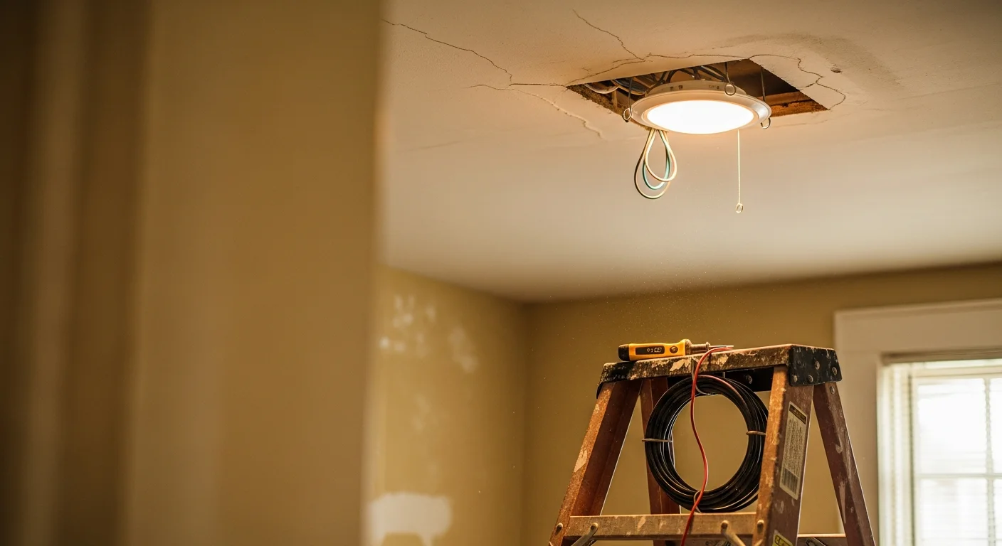 A licensed electrician from Rescue Handyman Service LLC wiring a new ceiling light fixture in a Metairie home. The finished fixture is mounted flush against a painted ceiling with visible clean wiring connections inside the electrical box.