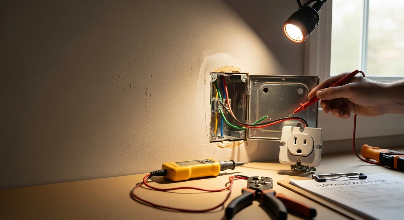 A licensed electrician installing a new GFCI outlet in a Metairie home kitchen, with the wall box open and wiring connections visible. The finished white outlet and cover plate are shown mounted flush against a painted interior wall.