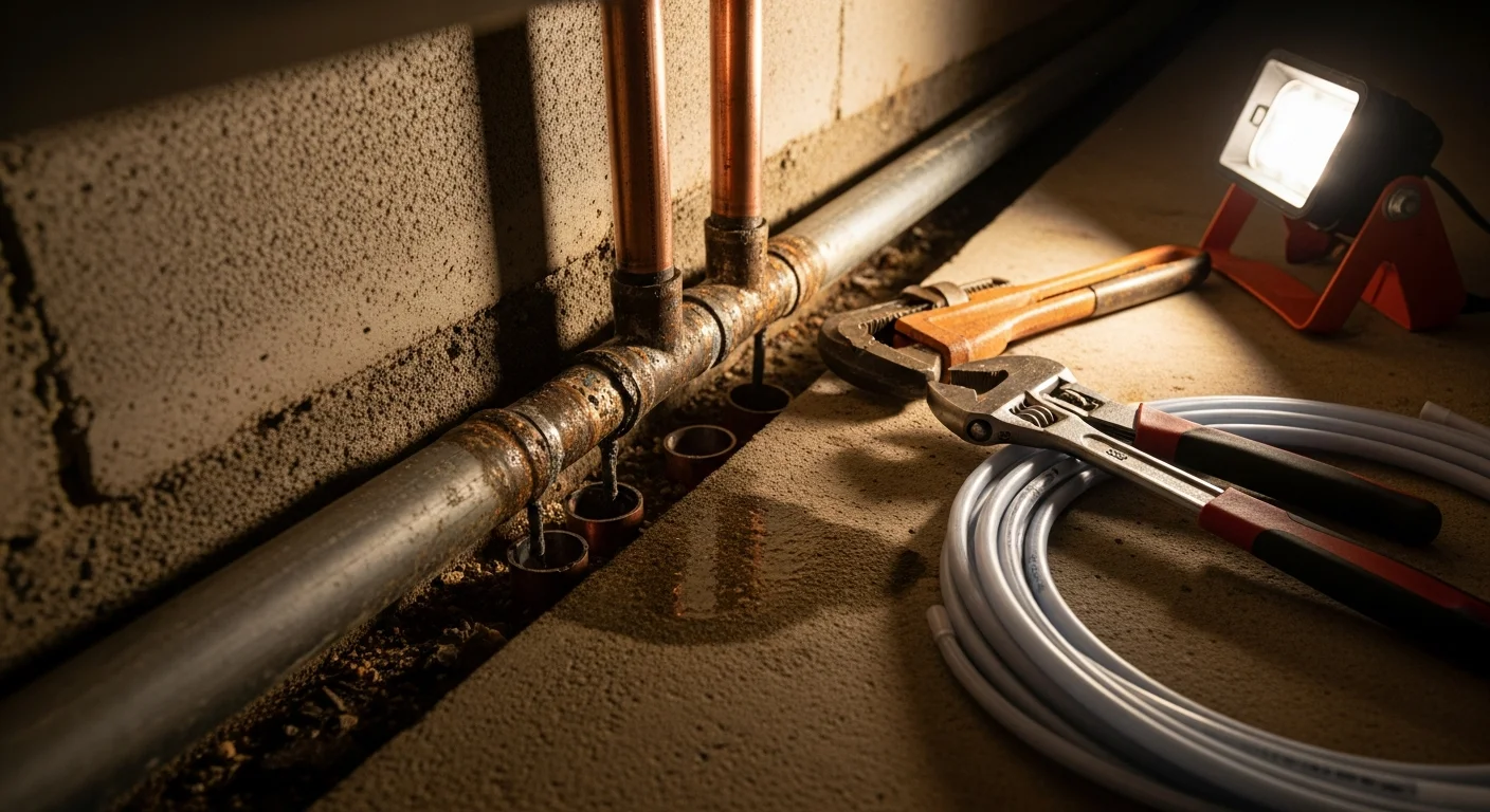 A plumber replacing a corroded galvanized pipe beneath a slab-foundation home in Metairie, Louisiana. The exposed pipe section shows rust buildup and joint damage typical of mid-century residential construction in Jefferson Parish.