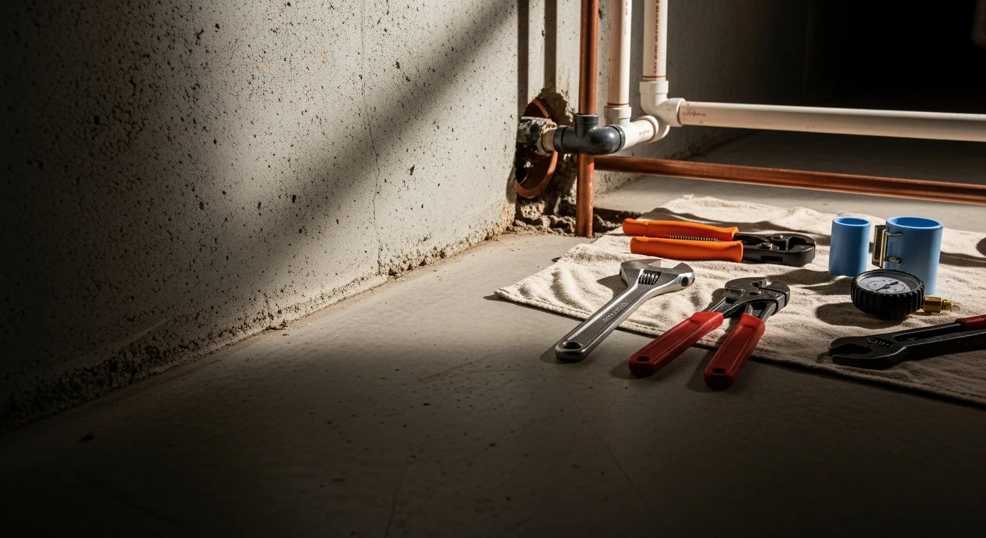 A plumber inspecting a corroded pipe beneath a slab foundation in a mid-century Metairie home. Close-up view shows mineral buildup and joint wear typical of older Jefferson Parish residential plumbing systems.