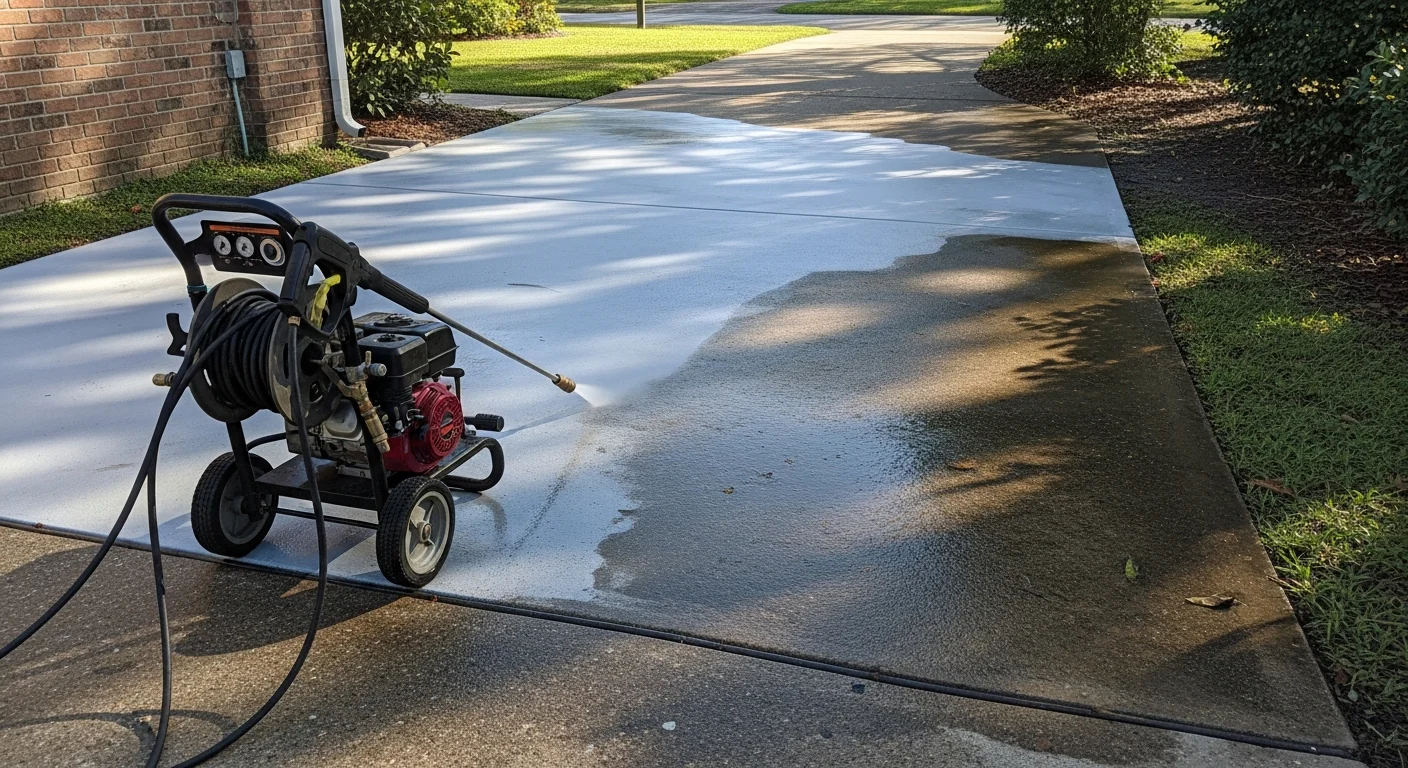 A Metairie single-family home exterior after professional pressure washing, showing clean concrete driveway and freshly washed siding free of algae and dark staining. The before-and-after contrast highlights mold and mildew removal common on Louisiana homes in humid conditions.
